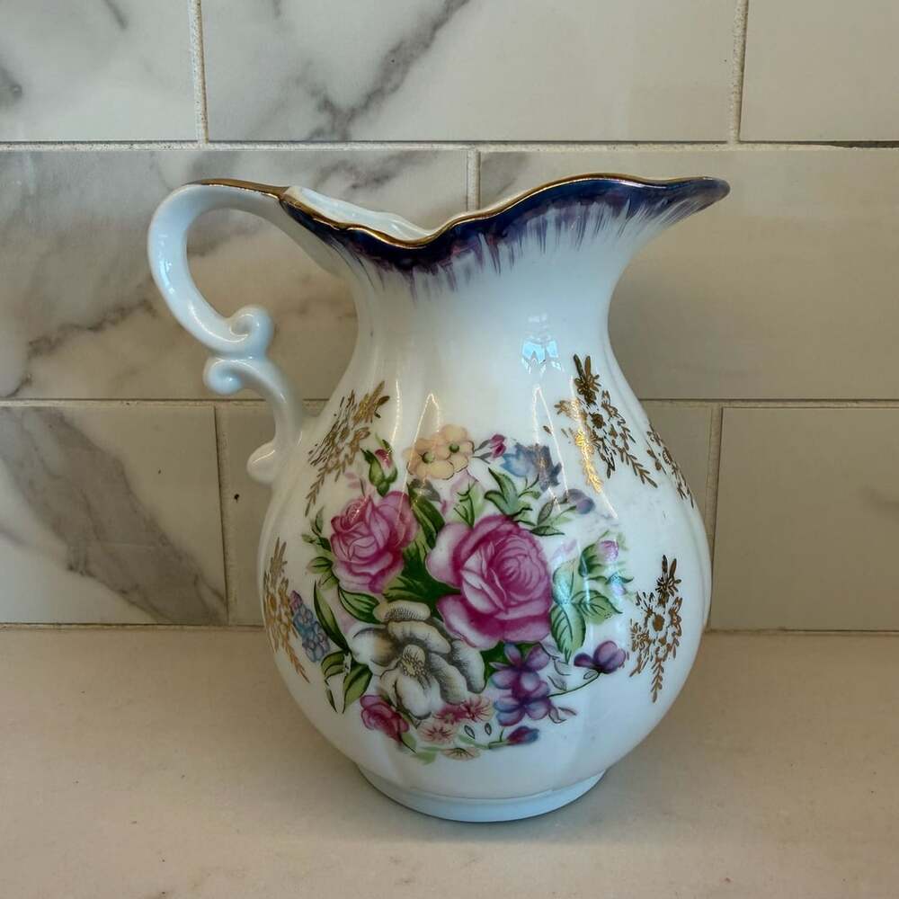 Vintage Hand Painted Porcelain Floral Miniature Pitcher with Gold Gilding